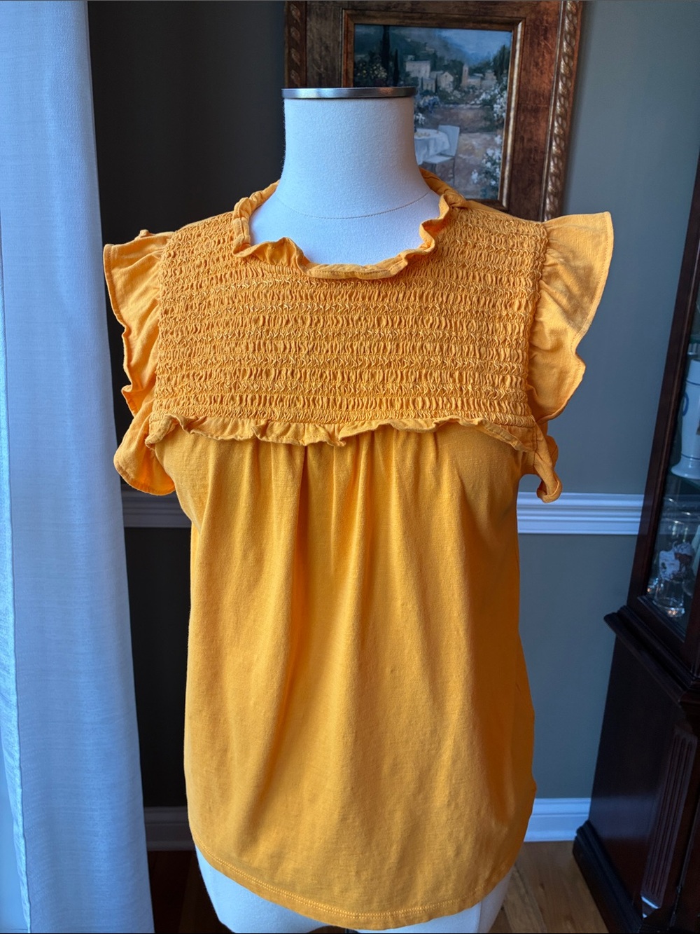 J. Crew Mustard Yellow Smocked Ruffle 100% Cotton Blouse Size Small